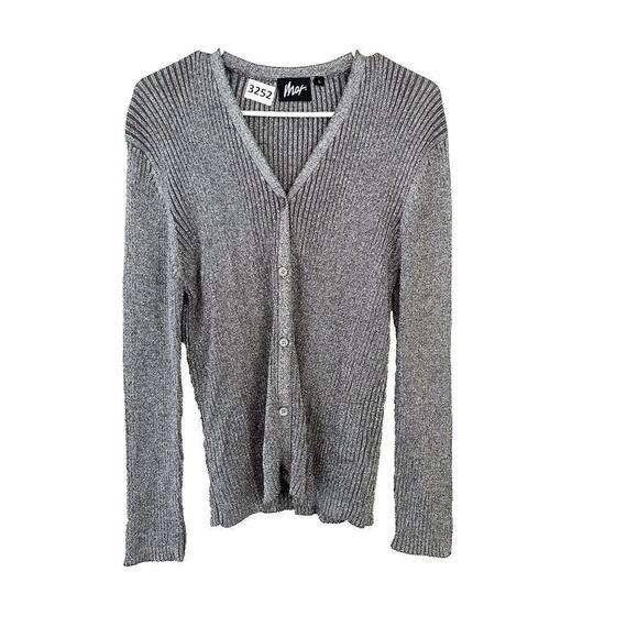 Mar Sweaters - Mar Women Silver Metallic Cardigan Sweater Large Ribbed Knit Button Long Sleeve